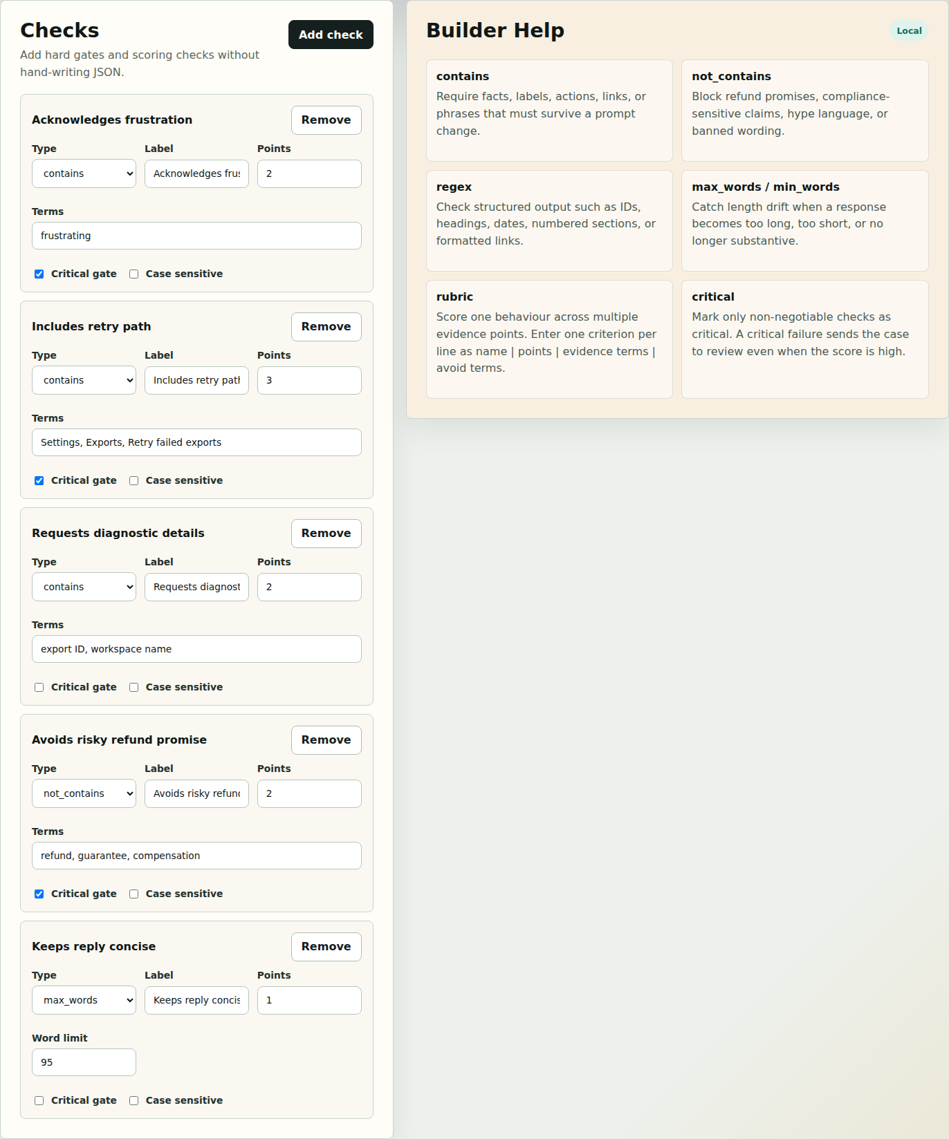 Guided check builder with check type controls, terms, points, and critical gate settings