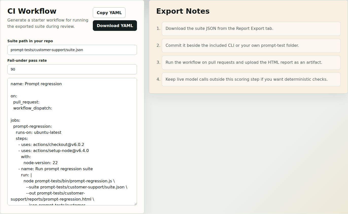 CI export tab with generated pull request workflow YAML