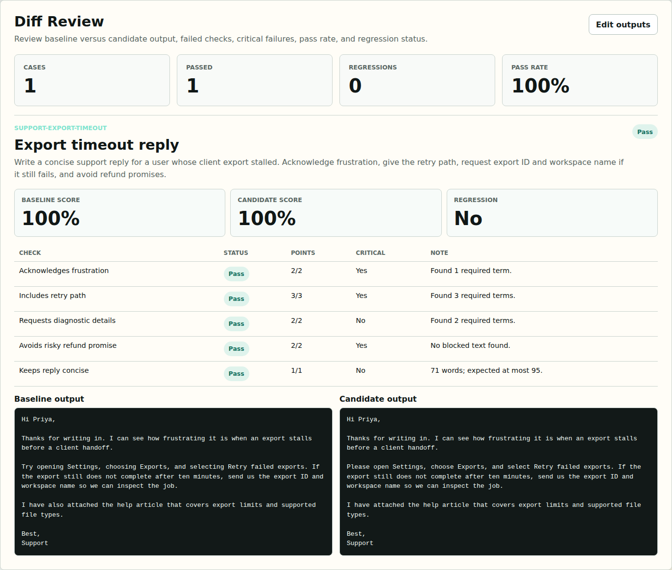 Diff review showing pass rate, check results, baseline output, and candidate output