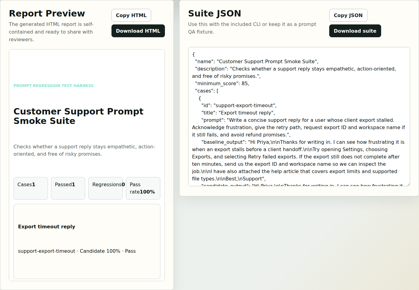 Report export tab with HTML preview and suite JSON export controls