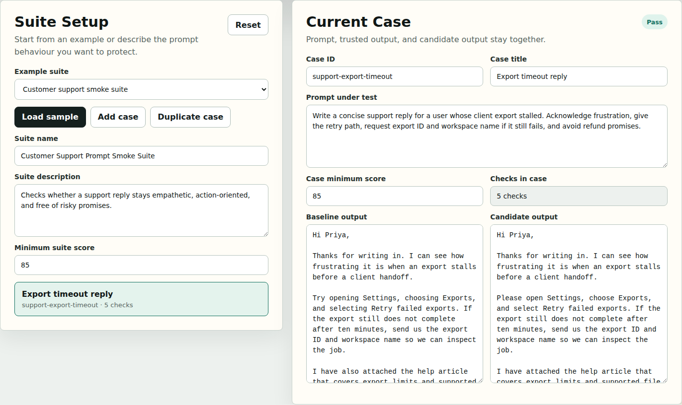 Suite builder with sample selector, suite settings, case prompt, baseline output, and candidate output